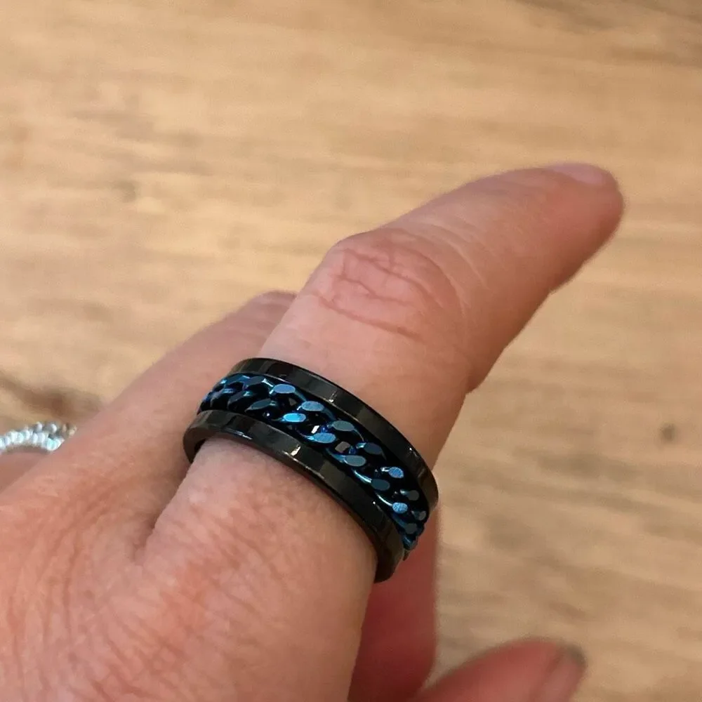 NEW King Will Tungsten Carbide spinner ring black with blue chain size 7.5